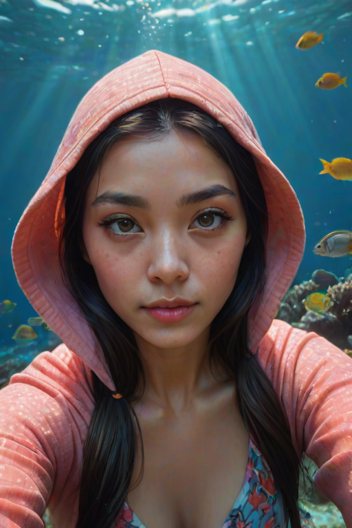 Realistic selfie image of a Asian, wearing a vintage outfit, detailed dreamy eyes, droopy hooded eyes, staring at the camera, taken underwater at coral reef with a sunbeam filtering through the water, vibrant, summer vacation, natural lighting, turtle and school of tropical fish with vibrant colors, rendered in the style of CryEngine, Pegi Nicol MacLeod, with realistic genre scenes, hauntingly beautiful narratives, ultra-realism, and Thomas Saliot's close-up technique, 8K resolution, crystal clear and sparkling water.