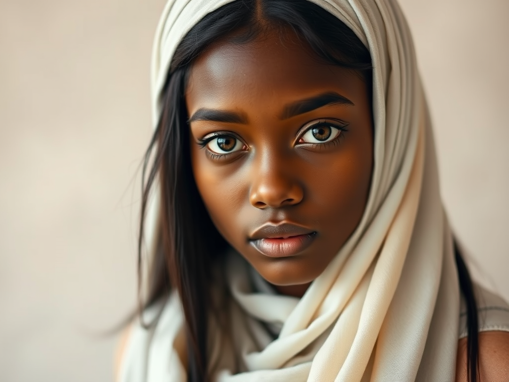 Create a portrait of a young Afro-Caribbean female with long, dark hair and captivating hazel eyes. She is wearing a white headscarf and a matching scarf draped gracefully around her neck. The background is softly blurred, focusing attention on her serene and natural expression. The overall color palette is muted and warm, enhancing the intimate and authentic feel of the portrait.