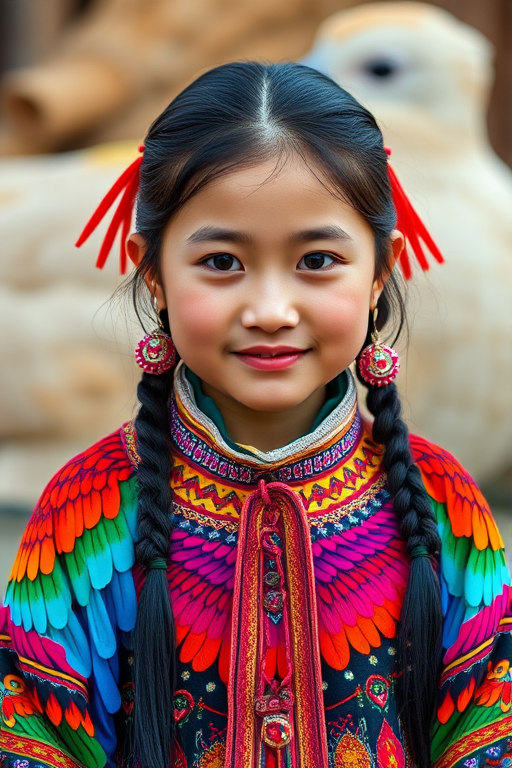 A beautiful Mongolian girl, wearing colorful bird clothing with vibrant colors