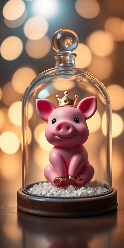 A cute pink pig figurine with a crown sitting in a glass dome filled with soft bokeh lights, taken with a Canon EOS R5, 85mm f/1.4 lens, f/2.8 aperture, ISO 100, using a shallow depth of field for a soft background.