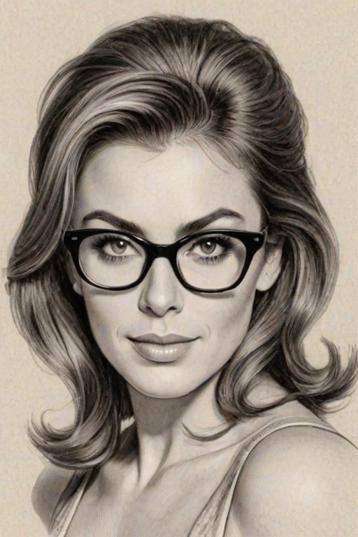 Fetching Elizabeth Hurley, pencil sketch, portrait of Beauteous woman 1950s in glasses, hair style beatnik, outline, clear lines, fine lines, 8k
