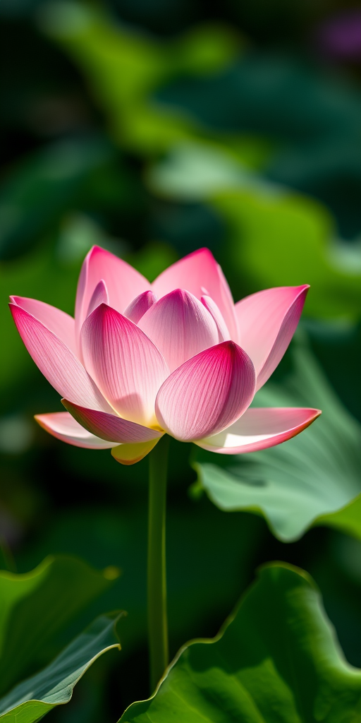 lotus flower in soft focus with lush green leaves, natural light, f/2.8 aperture, 50mm lens, 1/100s shutter speed, DSLR camera, macro photography style