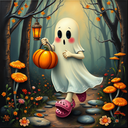 whimsical acrylic and oil painting, 3D, of a ghost, walking and carrying an orange pumpkin bucket and a lantern in the other hand, with bright pink croc shoes, background path in the enchanted forest, wildflowers, colorful mushrooms misty hues of black and orange with bright gold glitter, ultra detailed..Inspired by a prompt from another group