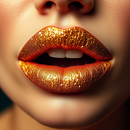 Glittery gold woman lips with high-shine topcoat, perfect for festive occasions and glamorous events