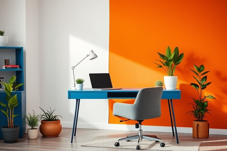 modern minimalistic home office setup with a blue desk, gray chair, laptop, plants, and geometric orange wall design, natural lighting, shot with a DSLR camera at f/2.8, ISO 200, 24mm lens, wide-angle view for enhanced depth and clarity