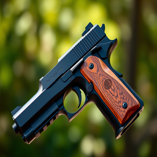 Generate a high-resolution image of a black handgun with wooden grips, using a 50mm lens at f/2.8 for shallow depth of field, shot in natural light from a slightly elevated angle to showcase details, with a focus on the textures and reflections.