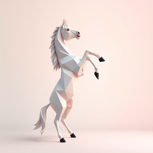 Generate a high-resolution image of a geometric, low-poly style horse rearing up on its hind legs, set against a smooth gradient background with soft pastel colors, captured with a DSLR camera at f/8, ISO 100, 1/500s, using a 50mm lens from a slightly low angle for a dynamic perspective.