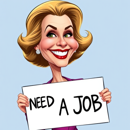 caricature of a smiling Lauren Bacall in a Vivid dress or suit, holding up a sign that says "NEED A JOB", no watermark,