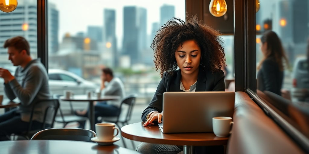 Bustling urban cafe, the clatter of cups and soft chatter fills the space, a woman with curly hair sits at a corner table by the window, typing on her laptop, the city skyline visible behind her.