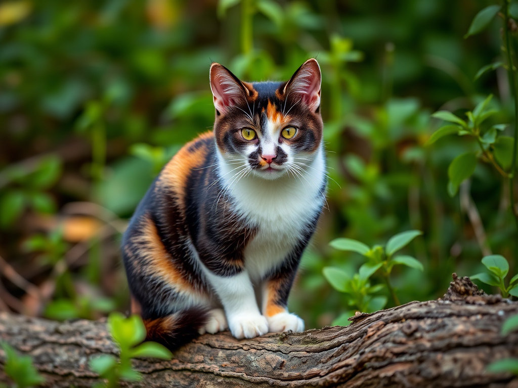 A calico cat sitting on a log surrounded by greenery, captured with a DSLR camera at f/4.0, ISO 200, 50mm lens, in natural soft light with a shallow depth of field.