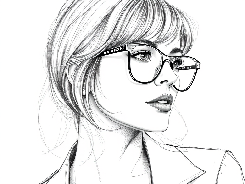 Beautiful Cameron Diaz, pencil sketch, portrait of beautiful woman 60s in glasses, hair style beatnik, outline, clear lines, fine lines, 8k