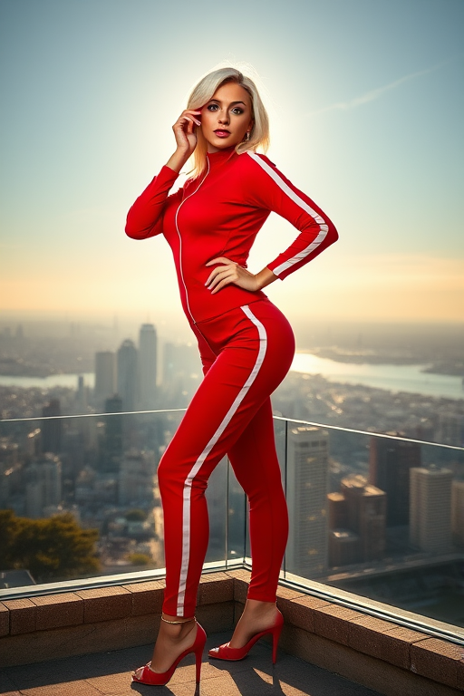 hourglass body shape, a realistic photo of a woman wearing red tracksuit posing seductively, beautiful horizon of the city in the background, sun, reflections, white hair