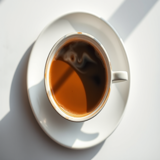 Generate a high-resolution image of a steaming cup of coffee on a plate, using a 50mm lens, f/1.8 aperture, ISO 100, natural lighting, top-down view, minimalist style, DSLR camera.