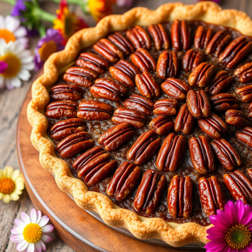 A close-up view of a delicious pecan pie topped with shiny caramelized pecans on a golden brown crust, surrounded by colorful edible flowers and a rustic wooden surface.