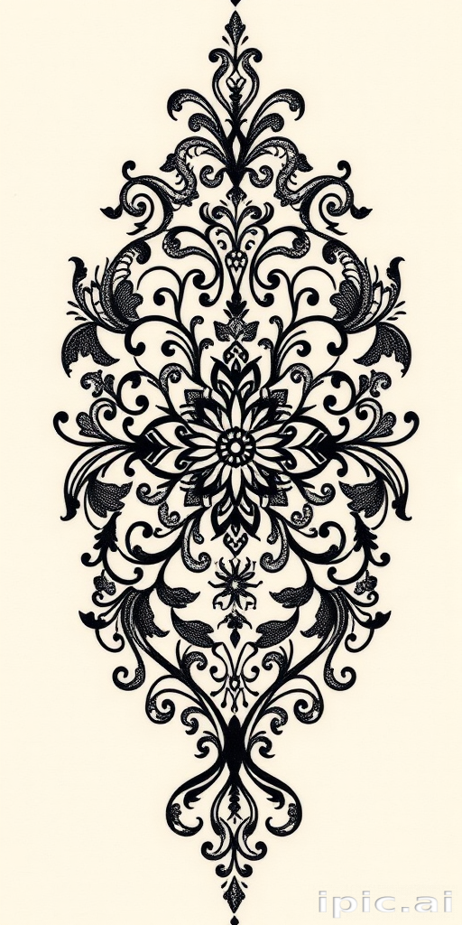 Elegant blackwork ornamental tattoo called "Victorian Lace" showcasing intricate patterns inspired by vintage lace designs and filigree work, with delicate lines and swirls forming a cohesive and symmetrical design that adorns the skin like a piece of fine jewelry, creating a timeless and sophisticated tattoo that exudes femininity and grace