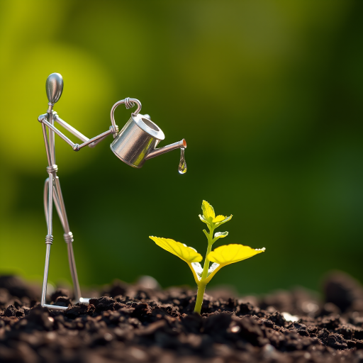 A metal figurine of a person, constructed from thin, silver rods, stands on the left side of the image, facing the viewer. The figurine is holding a small watering can and pouring water onto a young plant, with a few droplets in the air. The plant, with lush green leaves, is situated in the center, growing from dark soil. The background is a soft, out-of-focus blur of green, illuminated by warm, natural light.  The composition creates a sense of depth and intimacy. The image evokes feelings of growth, nurture, and hope.