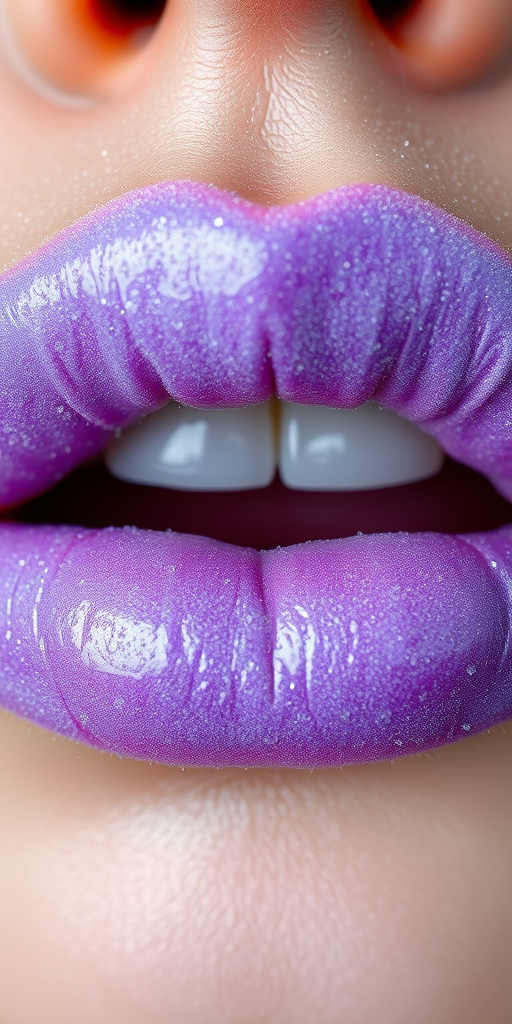 Striking depiction of frosted lavender lips with a sparkling overlay, showcasing a whimsical and ethereal quality in crystal-clear focus