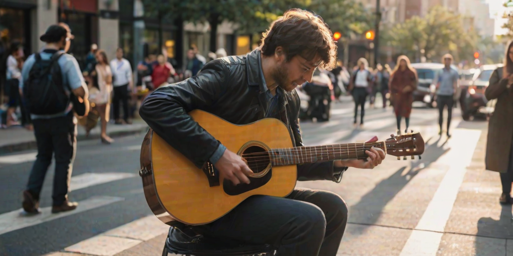 Blurry, candid photo of a street musician playing guitar on a busy city sidewalk, soft sunlight glinting off the strings, pedestrians walking by, some stopping to listen, the distant sound of cars honking and soft chatter filling the air.
