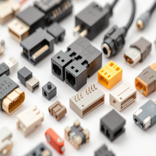 macro shot of various electronic connectors arranged on a white background, f/2.8 aperture, ISO 100, 50mm lens, natural light, DSLR camera, high-resolution detail