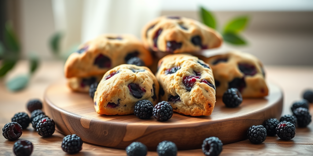 blackberry scones arranged on a wooden platter with fresh blackberries scattered around, soft natural lighting, shallow depth of field, 50mm lens at f/2.8, ISO 200, Canon EOS R5, warm color tones