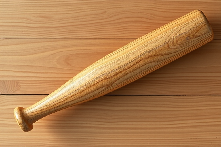A high-quality illustration of a wooden baseball bat, showing detailed wood grain texture, natural lighting, minimal shadows, shot at f/2.8 aperture, 50mm lens, top-down view, digital art style.