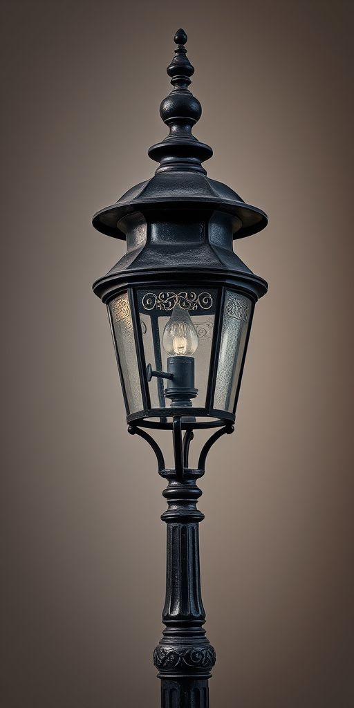 create a high-resolution image of an antique street lamp on a solid background, using a DSLR camera with a 50mm lens, aperture set to f/2.8, ISO 100, and a soft focus style to enhance light and shadow details