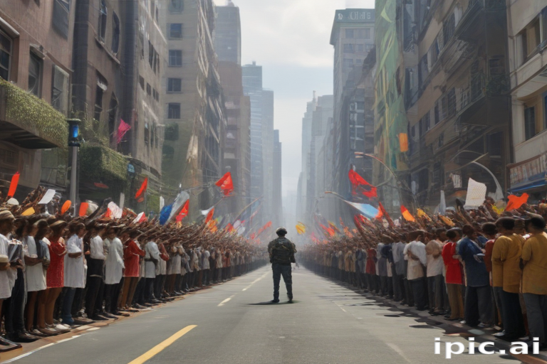Massive Protest March with Flags and Signs in a Busy City Street