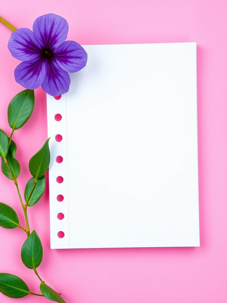 Create a vibrant, empty notepad design with a pink background, a purple flower in the top left corner, green leaves, high resolution, wide-angle view, DSLR camera, f/2.8 aperture, 1/60 sec shutter speed, ISO 100.