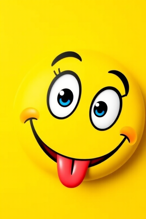 Create a vibrant cartoonish smiley face with exaggerated eyes and a playful tongue sticking out on a bright yellow background, using a DSLR camera with a 50mm lens at f/1.8, ISO 100, shot from a straight-on angle to enhance the colors and details.