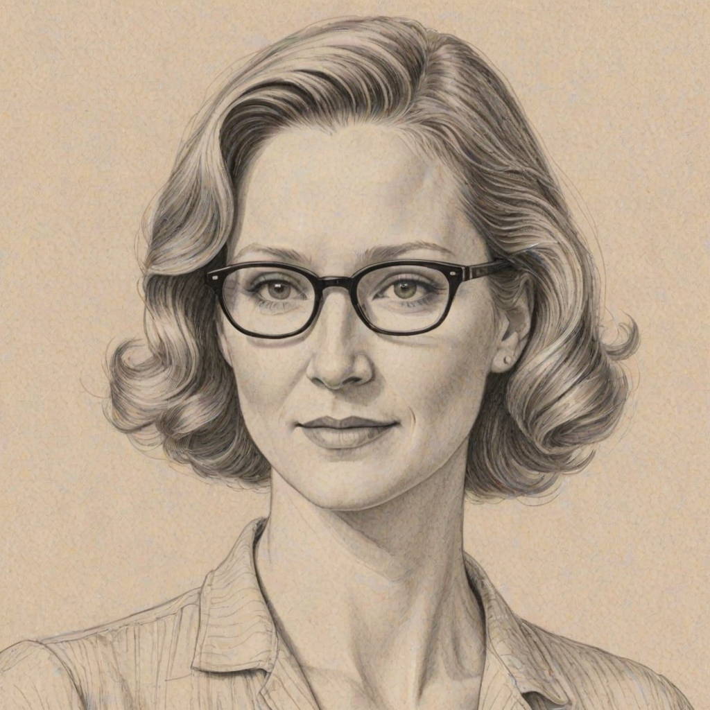 Sublime Laura Linney, pencil sketch, portrait of Fetching woman 1949s in glasses, hair style beatnik, outline, clear lines, fine lines, 8k