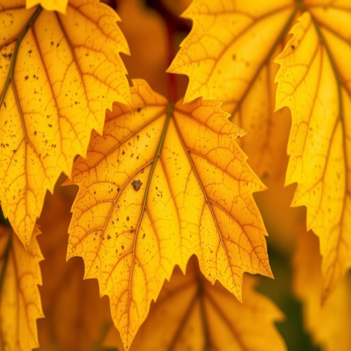 Capture a close-up of vibrant yellow autumn grape leaves with intricate textures and colors, using a DSLR camera with a 50mm lens, aperture f/2.8 for shallow depth of field, ISO 100, and natural light for enhanced detail.
