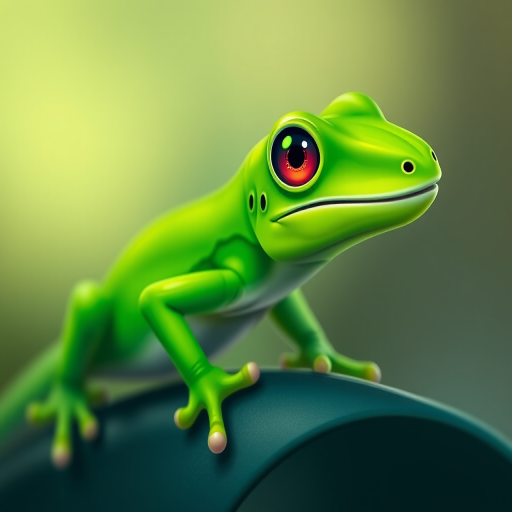 Create a vibrant green lizard illustration with smooth curves and stylized limbs, using a macro lens at f/2.8 aperture, 1/200 shutter speed, and a shallow depth of field for crisp detail against a soft background, capturing the essence of a cartoonish gecko.