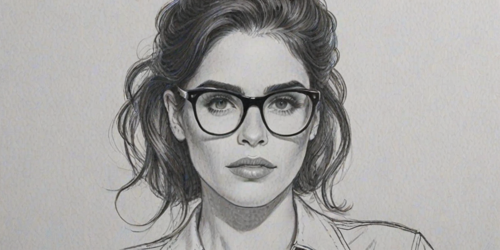 Exquisite Karla Souza, pencil sketch, portrait of Comely woman 1954s in glasses, hair style beatnik, outline, clear lines, fine lines, 8k