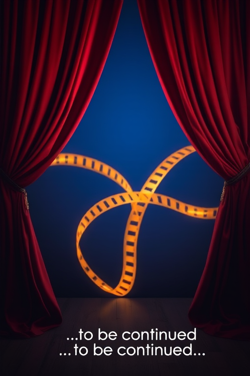 create an image of a cinematic scene featuring a pair of red velvet curtains elegantly drawn to the sides revealing a deep blue background with a golden film strip winding through the center, text at the bottom reading "...to be continued...", captured with a DSLR camera at f/2.8, ISO 100, and a 35mm lens in portrait view, using a soft focus style to enhance the dramatic effect