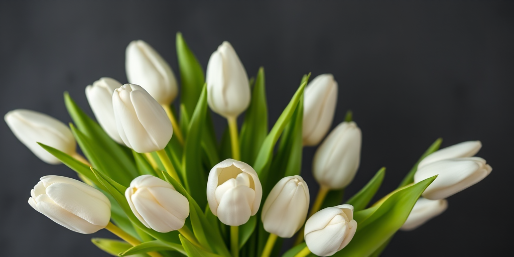 Generate a high-resolution image of a bouquet of white tulips with vibrant green leaves against a dark gray background; use a DSLR camera with a 50mm lens, aperture set to f/2.8, ISO 100, and a soft focus for enhanced depth of field.