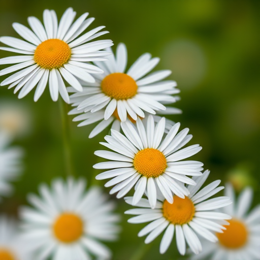 macro shot of white daisies with yellow centers on a blurred green background, f/2.8 aperture, 1/200s shutter speed, ISO 100, shot with a DSLR camera using a 50mm lens, natural light photography
