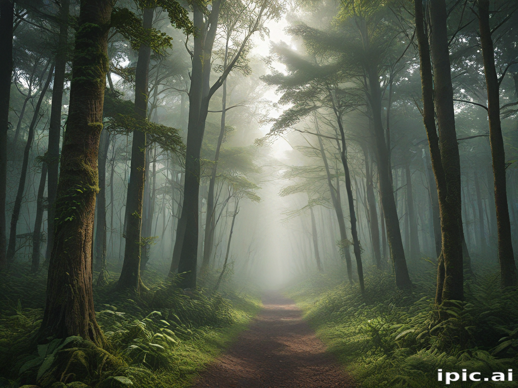 Serene Forest Pathway Surrounded by Lush Green Trees and Misty Atmosphere
