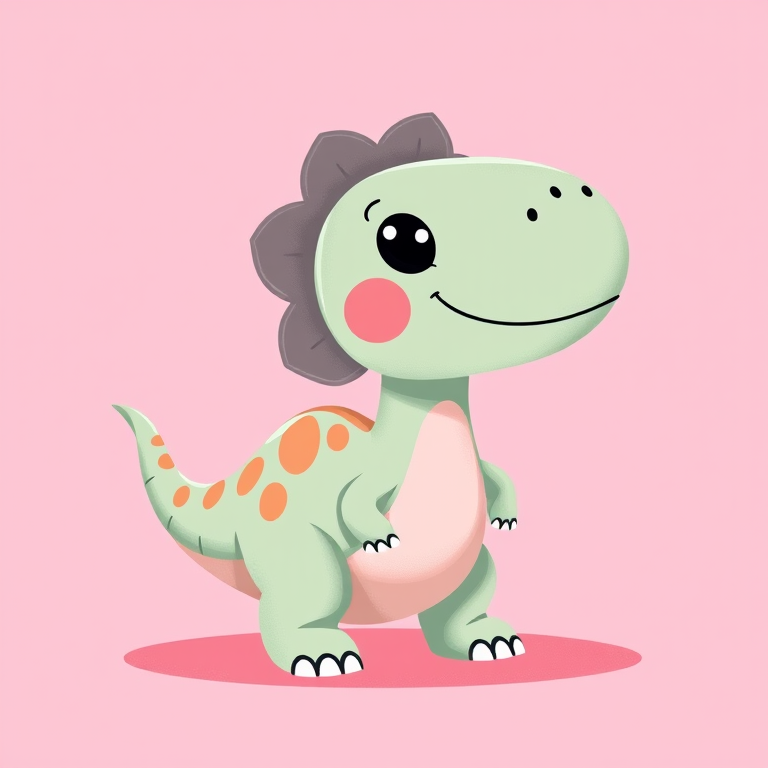 Generate a playful illustration of a cartoon dinosaur in a solid pastel pink background, using a digital painting style with soft textures, and set the camera to a 50mm lens, f/2.8 aperture, ISO 100, natural lighting for a bright and cheerful effect.