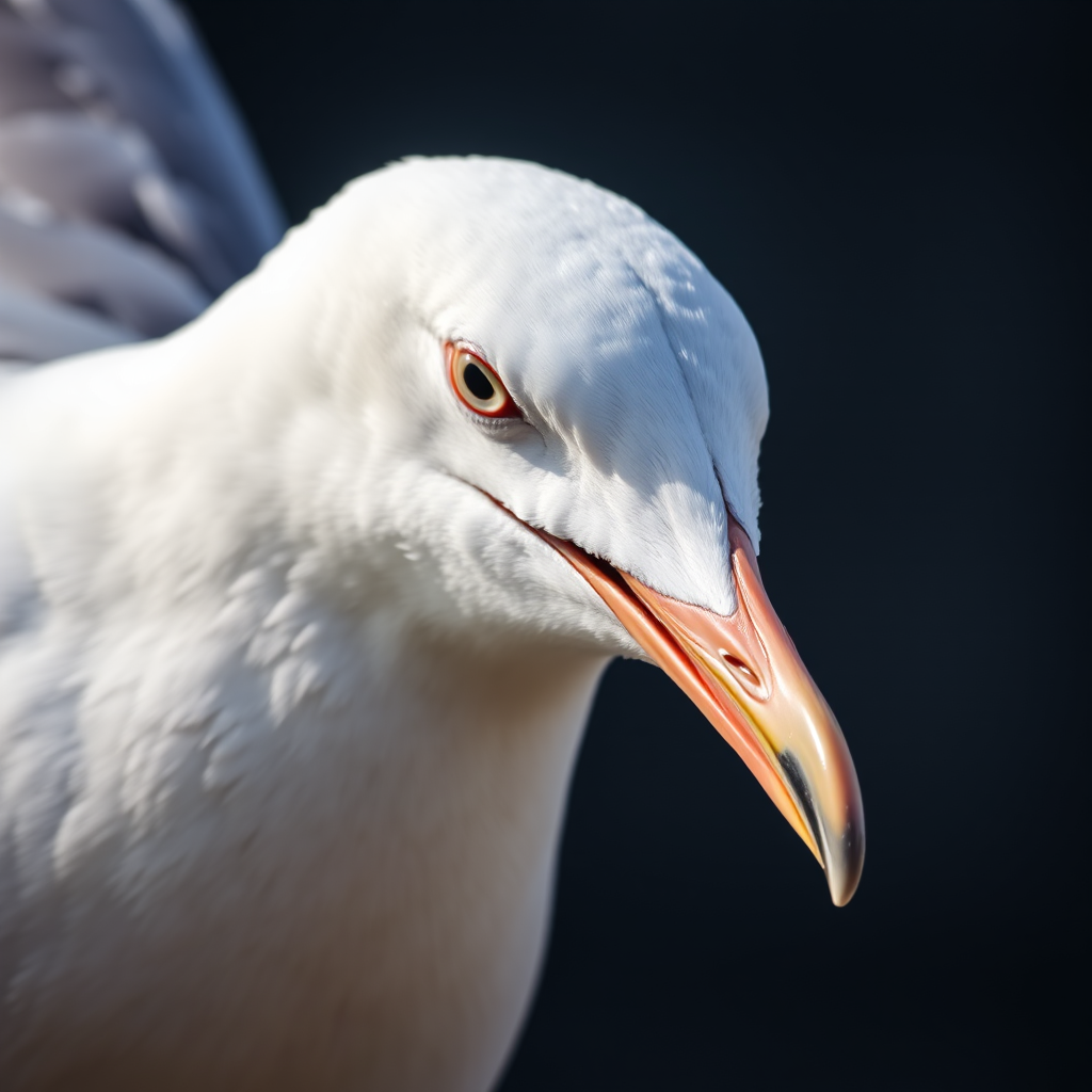 Capture a close-up of a seagull against a dark background, using a DSLR camera with a 50mm lens, aperture set to f/2.8 for shallow depth of field, ISO 200 for low noise, and a shutter speed of 1/500s to freeze motion, in natural light conditions.