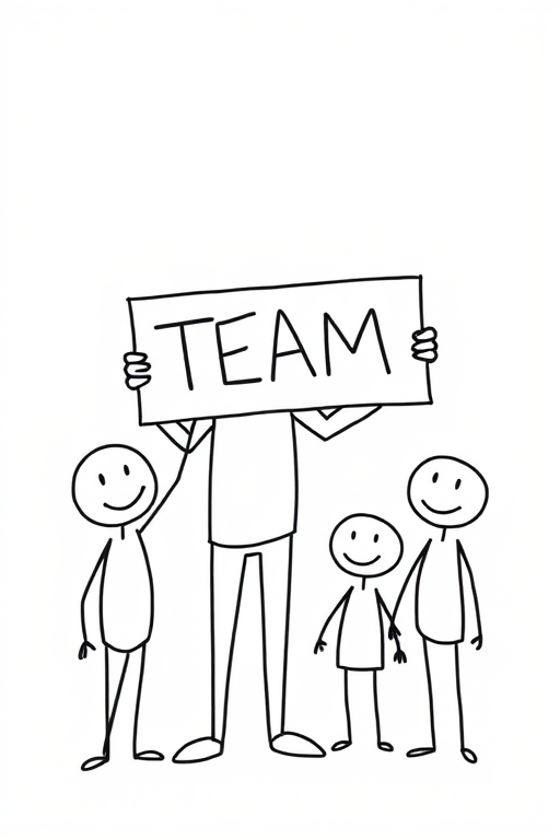 draw a simple black and white stick figure scene with one large stick figure holding a sign that says TEAM surrounded by four smaller stick figures all smiling