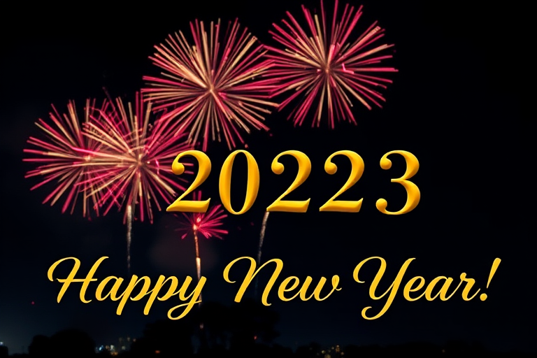 Capture a night scene of vibrant fireworks in a dark sky with the text "2023 Happy New Year!" in elegant golden script, using a DSLR camera with a 50mm lens, aperture set to f/2.8, ISO 400, shutter speed 1/125s, landscape orientation.
