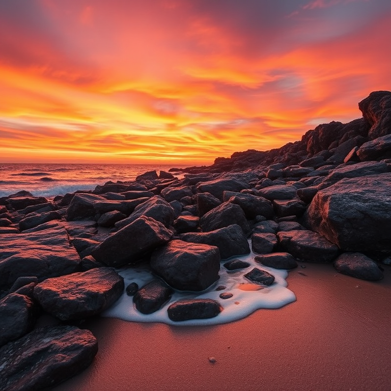 a vibrant sunset over a rocky beach with deep orange and pink skies, detailed textures of the rocks, soft waves lapping at the shore, captured with a Canon EOS 5D Mark IV, 24mm lens, f/11, ISO 100, 1/125 sec, golden hour lighting, wide-angle view, high dynamic range processing
