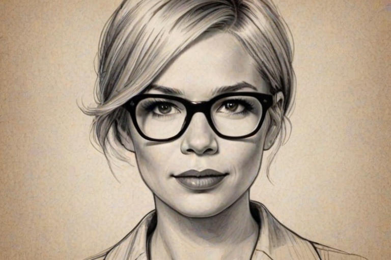 Gorgeous Michelle Williams, pencil sketch, portrait of Magnificent woman 1927s in glasses, hair style beatnik, outline, clear lines, fine lines, 8k