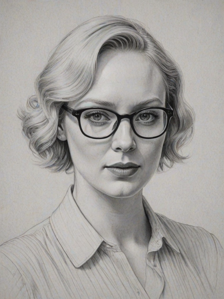 Superb Gwendoline Christie, pencil sketch, portrait of Delightful woman 1934s in glasses, hair style beatnik, outline, clear lines, fine lines, 8k