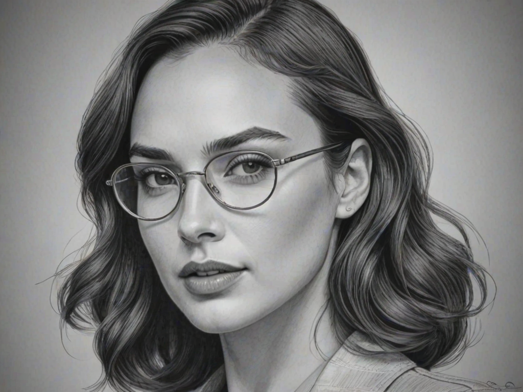 Splendid Gal Gadot, pencil sketch, portrait of Bewitching woman 1942s in glasses, hair style beatnik, outline, clear lines, fine lines, 8k