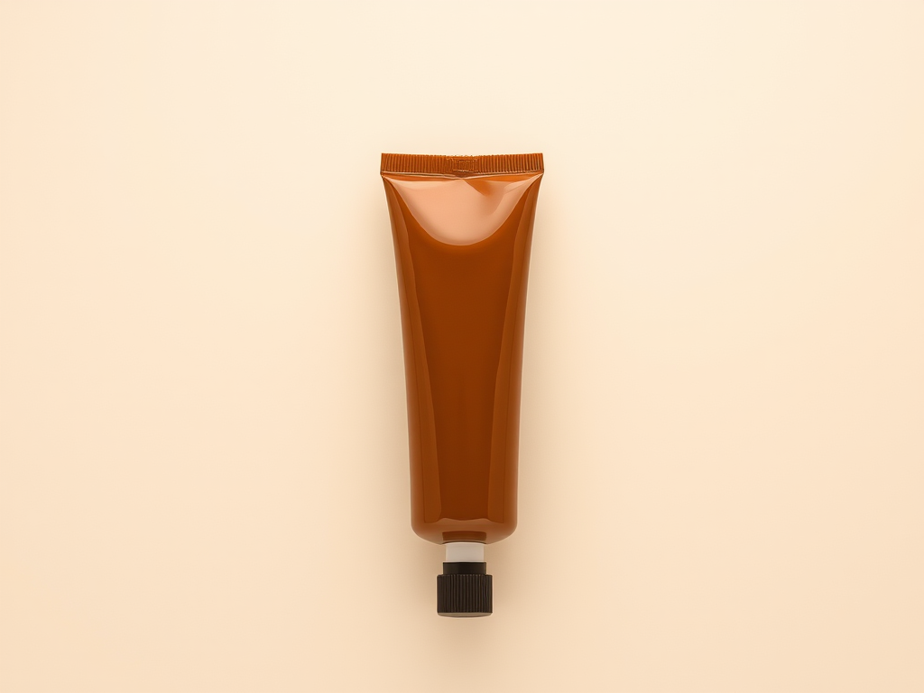 Generate an image of a glossy brown paint tube against a plain background, captured with a Canon EOS R5 at f/11, ISO 100, 1/125s, in a close-up view with soft, diffused lighting.