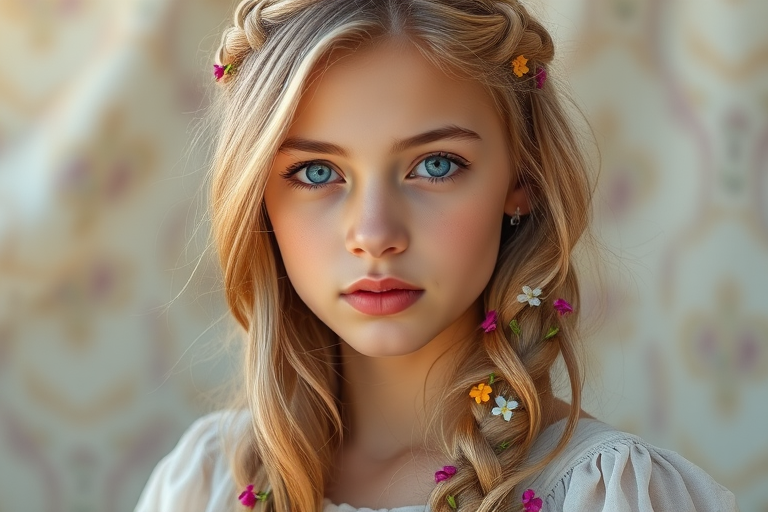 Create an image of a young Sahrawi woman with long, wavy blonde hair, adorned with small, colorful flowers woven into her braids and loose strands. Her complexion is fair, with soft, glowing skin, and she has light blue eyes that gaze softly at the viewer. She wears a light, flowing dress with a gentle, ethereal quality, complementing her delicate and serene appearance. The background is slightly blurred, drawing focus to her tranquil expression and the intricate details of the flowers in her hair. The overall mood of the image is one of natural beauty and grace, evoking a sense of peacefulness and connection with nature.