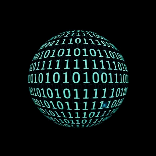 Create a 3D sphere covered in binary code with a dark background, using a DSLR camera with a 50mm lens, f/1.8 aperture, ISO 100, 1/200s shutter speed, centered view, and enhanced detail for a high-quality finish.