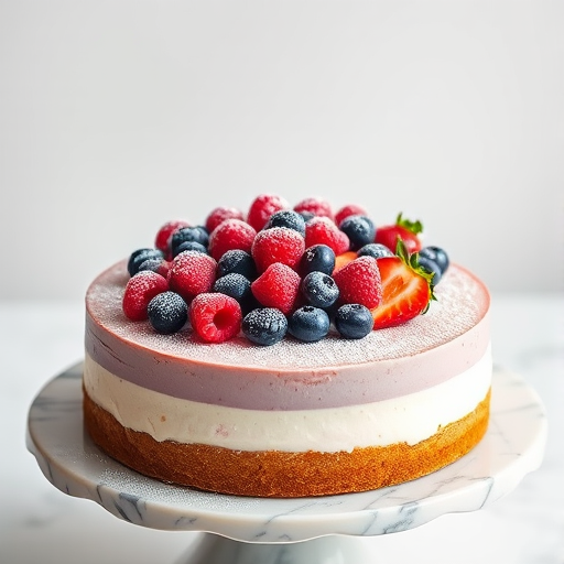 A beautifully decorated cake topped with fresh raspberries blueberries and strawberries dusted with powdered sugar on a marble cake stand with a blurred light background.