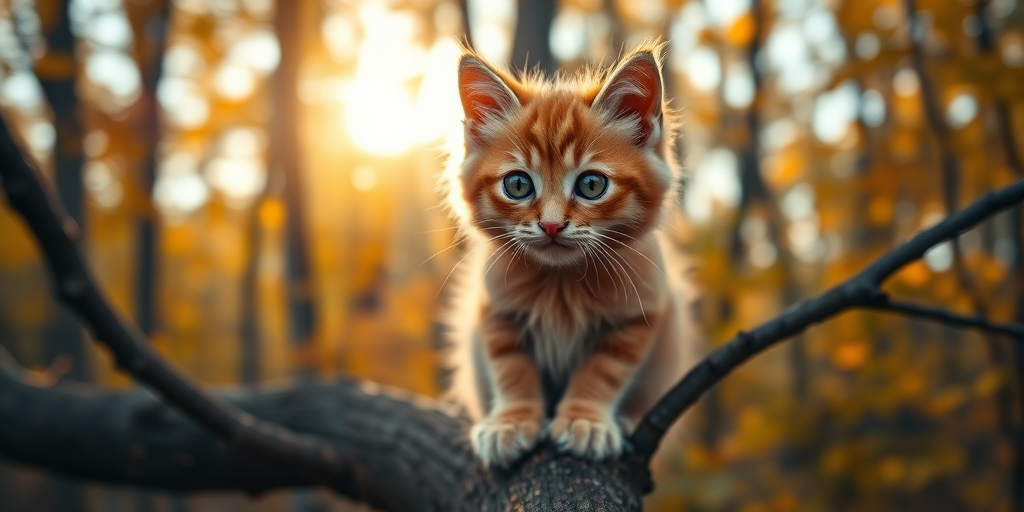 a fluffy ginger kitten with large expressive eyes sitting on a tree branch in a vibrant autumn forest, soft golden light filtering through the leaves, shallow depth of field, aperture f/2.8, 50mm lens, DSLR camera, high-resolution photography